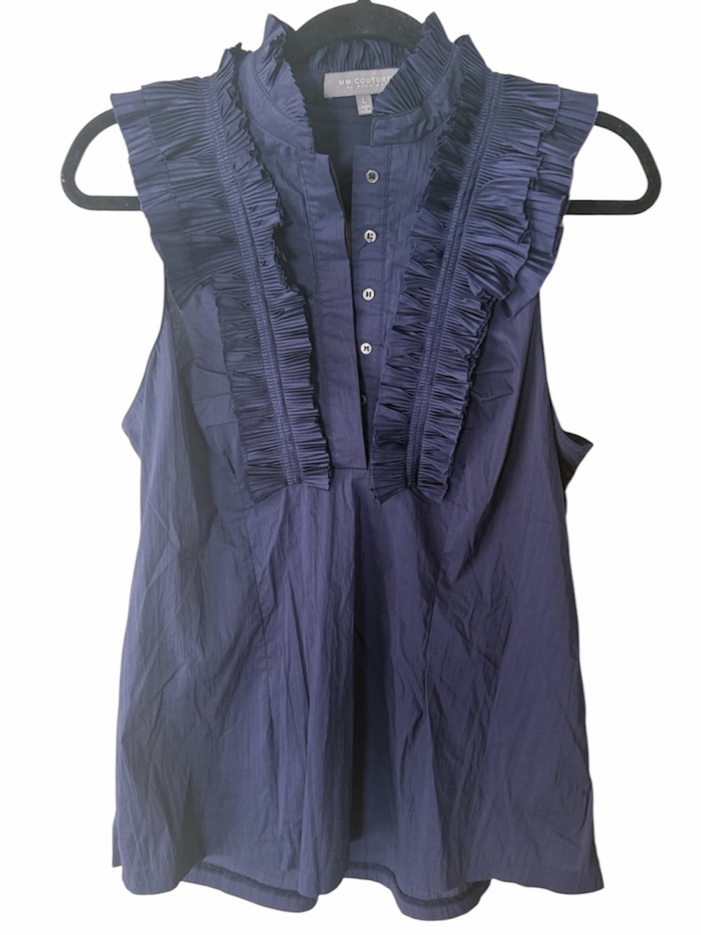 MM Couture Miss Me Navy Ruffled Sleeveless Blouse Silk Y2K Office Siren Size L